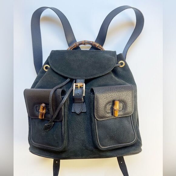 Gucci Black Suede Backpack with Bamboo Details - Picture 3 of 15